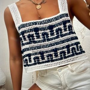 Blue and White Crochet Crop Beach Top